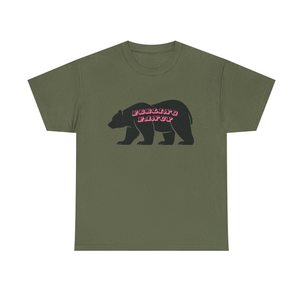 Bear Silhouette Tee — Retro Pink Script Graphic. Feeling Fancy