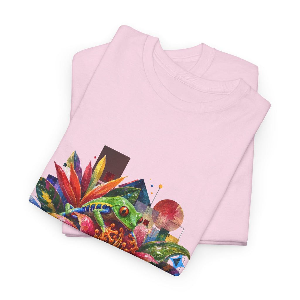 T-Shirt — Tropical Floral Collage Tee. Frog tee, Tree Frogs in Foliage. Eco-friendly reminder.