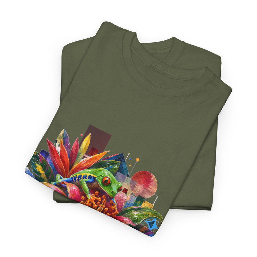 T-Shirt — Tropical Floral Collage Tee. Frog tee, Tree Frogs in Foliage. Eco-friendly reminder.