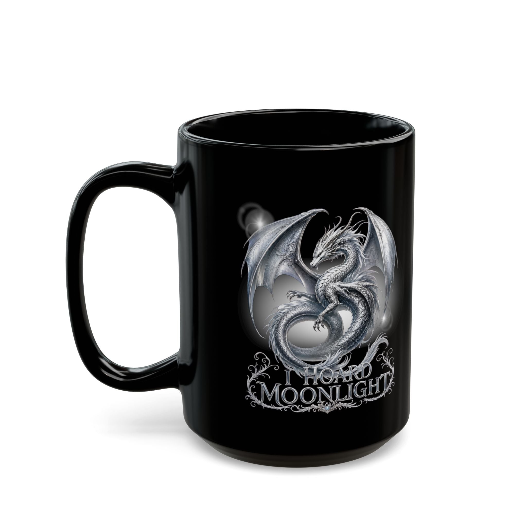 Silver Dragon Orb Black Mug — Fantasy Coffee Cup (11oz, 15oz)