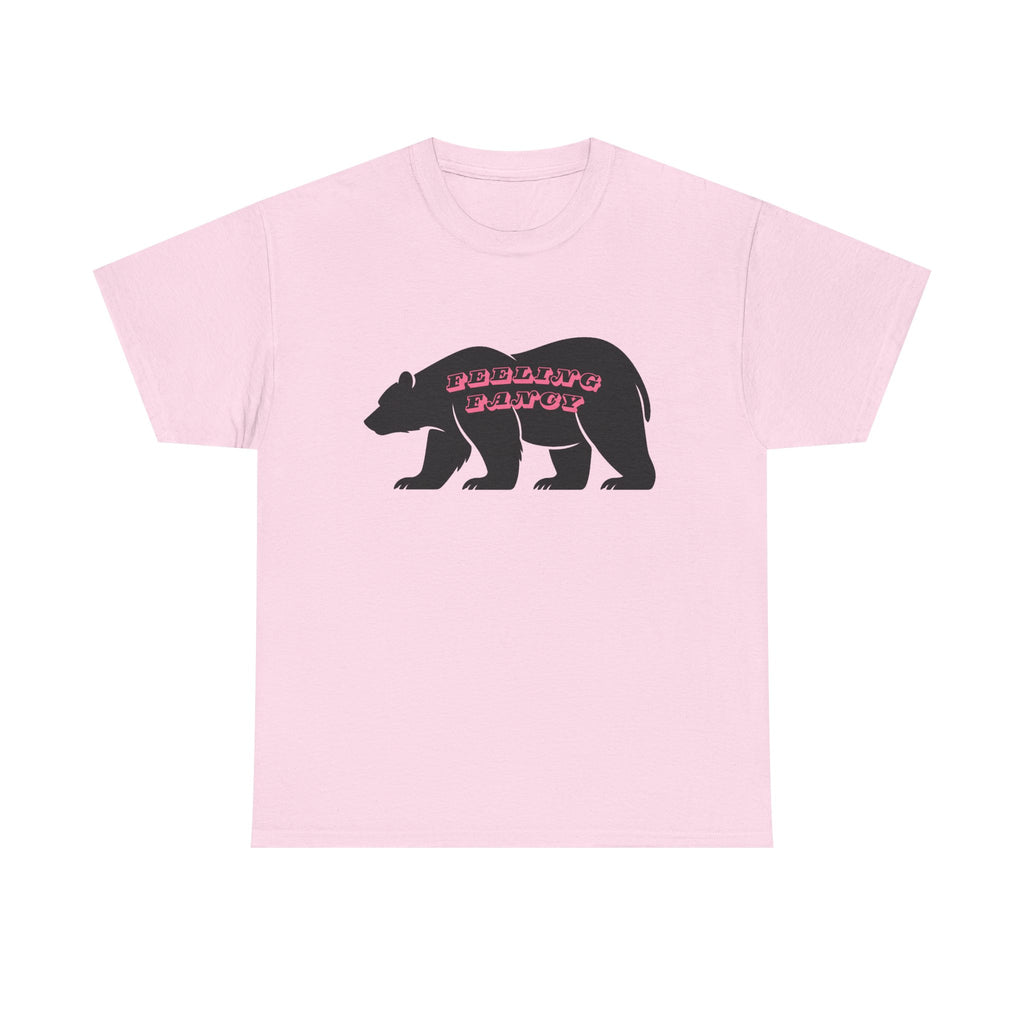 Bear Silhouette Tee — Retro Pink Script Graphic. Feeling Fancy