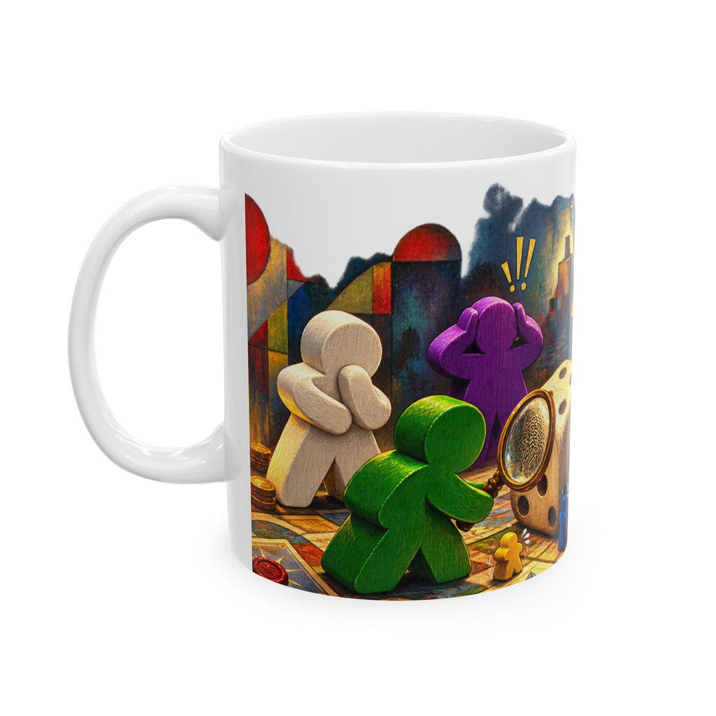 Board Game Adventure Ceramic Mug — Colorful Meeples, Dice & 'Not All Who Wander' Art (11oz/15oz)