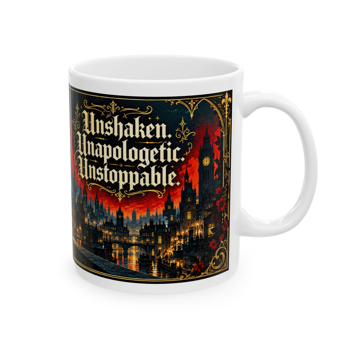 Gothic Cityscape Ceramic Mug — 'Unsinkable, Unapologetic, Unstoppable' Rooted in Greatness Afrocentric Empowerment Mug. Dark Fantasy Coffee Cup