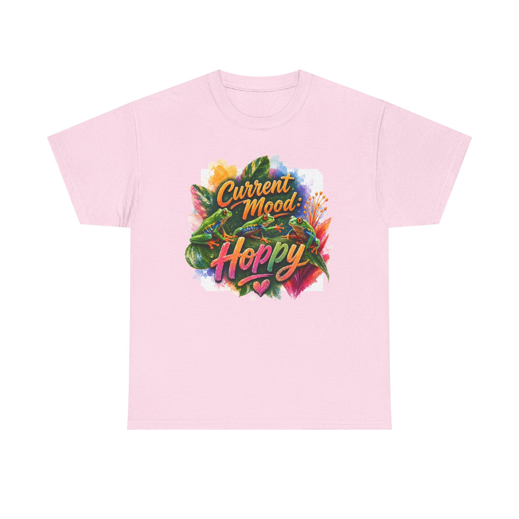 T‑Shirt — "Current Mood: Hoppy" Colorful Frog Graphic Tee. Tree Frogs eco-friendly awareness.