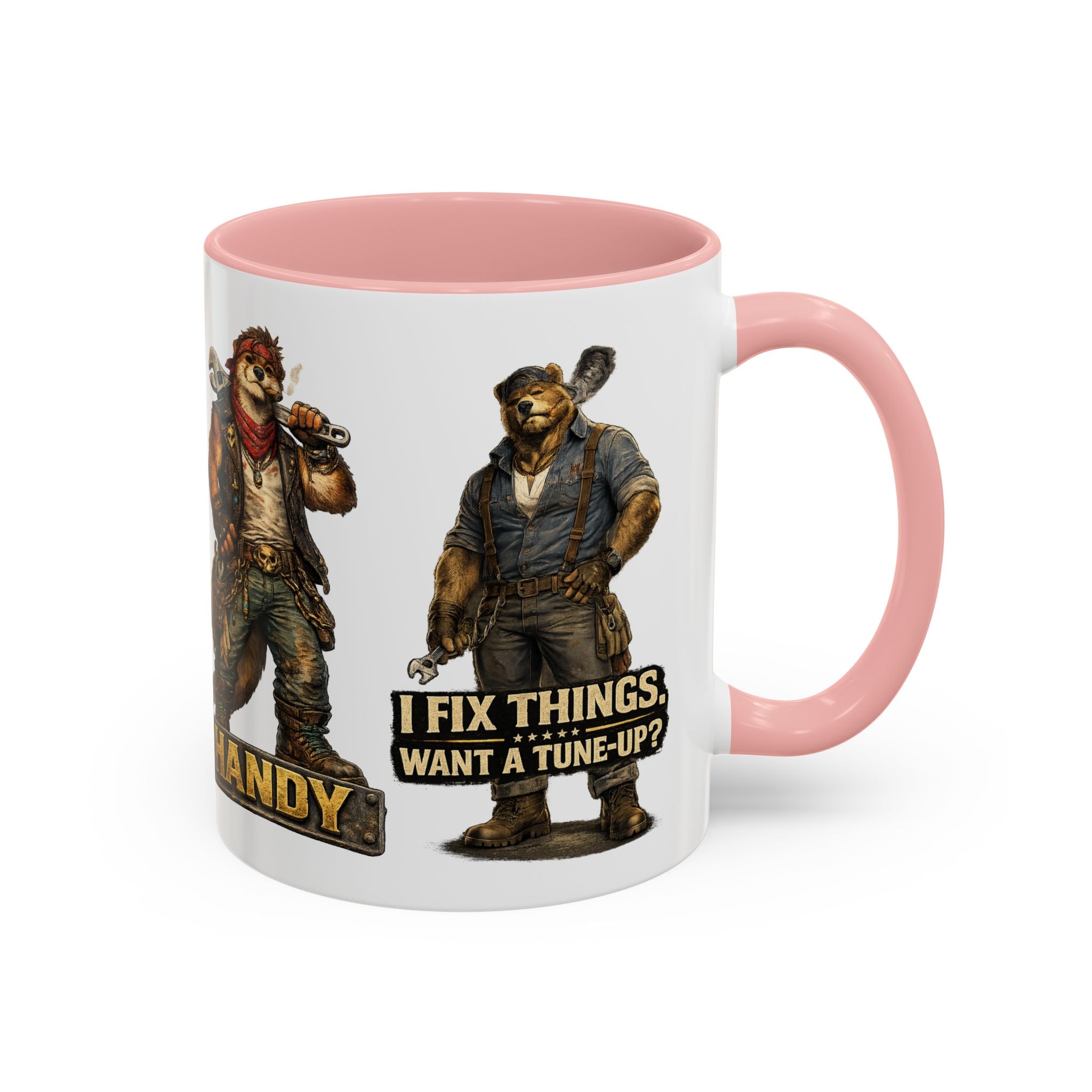 Handy Bear Mechanics Coffee Mug — "I Fix Things, Want a Tune-Up?" Accent Ceramic Mug