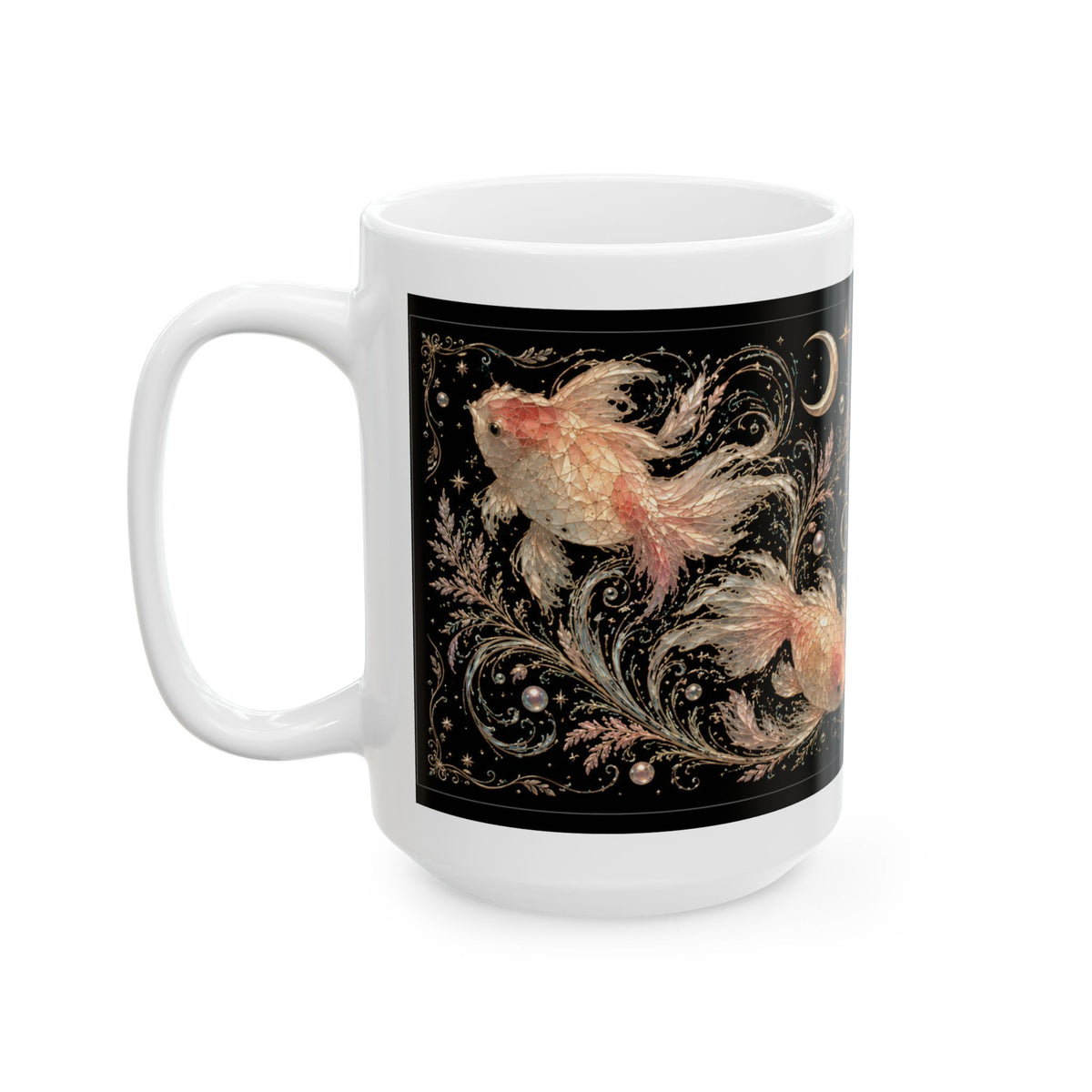 Goldfish Ceramic Mug — "Powered by Goldfish" Mystical Aquatic Coffee Cup (11oz/15oz)