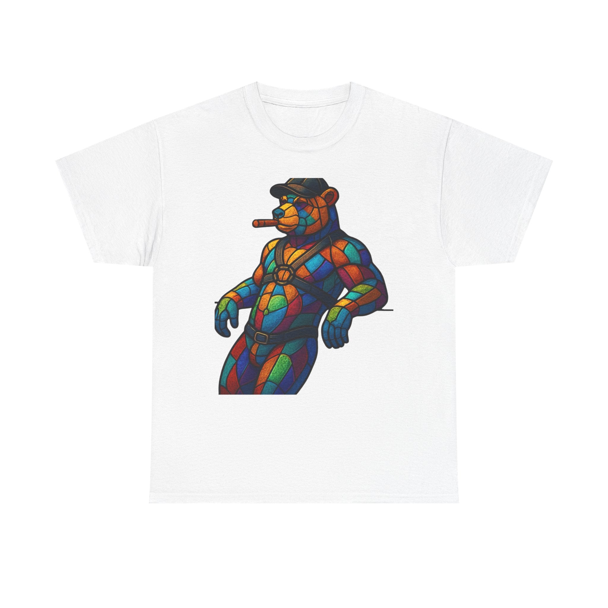 Stained Glass Bear Tee — Colorful Smoking Bear Graphic T-Shirt Bear cigar bear. Colorfull rainbow bear. Leather bear