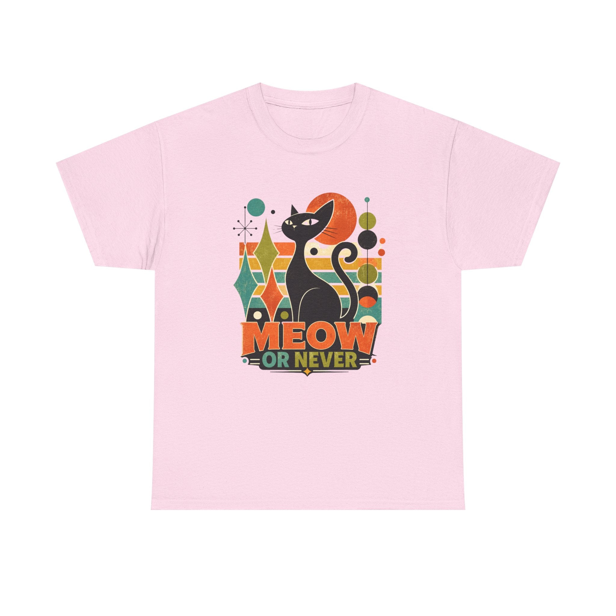 Cat T-Shirt — "Meow or Never" Retro Cat Graphic Tee. Tangentsies Cat Mod t=shirt