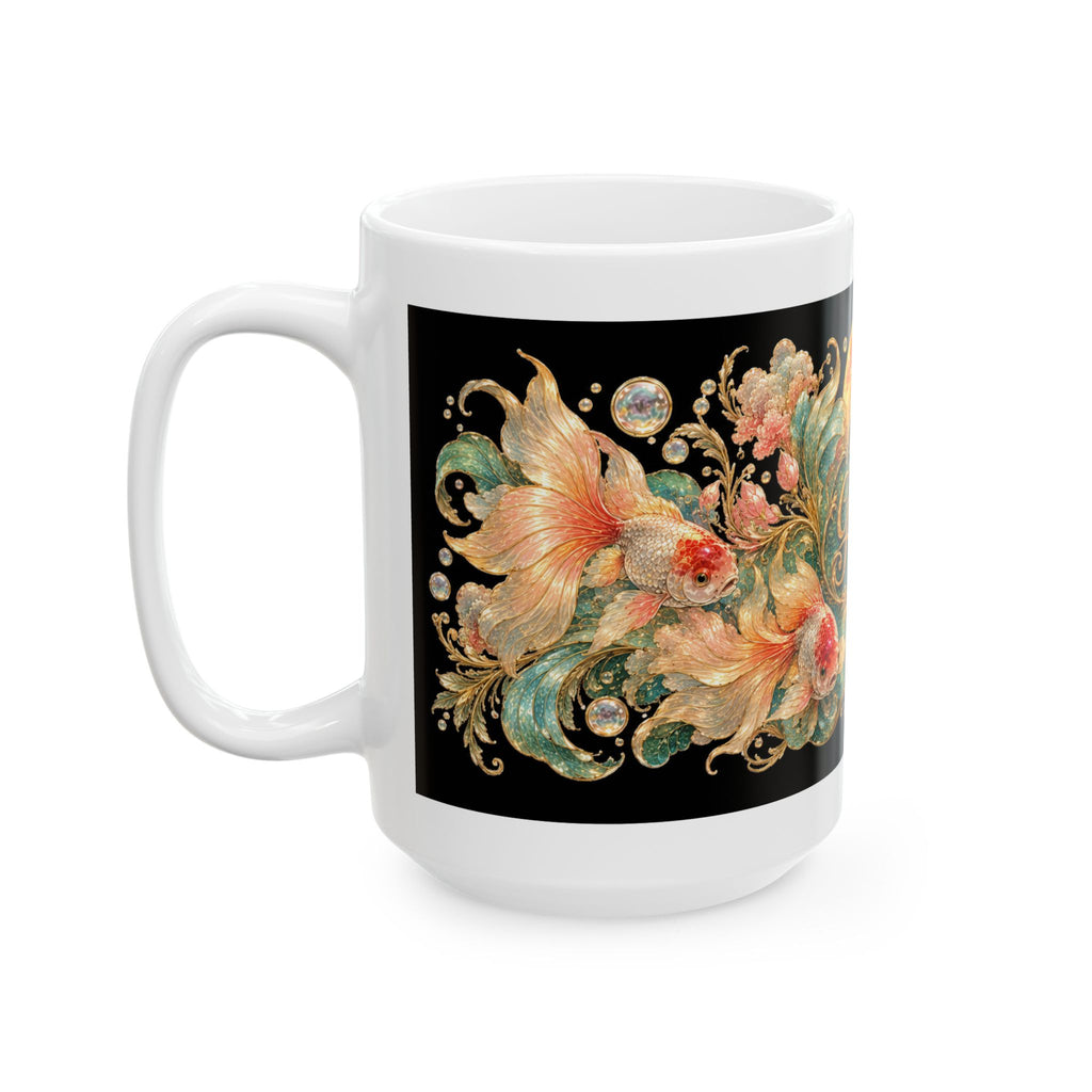 Fancy Goldfish Club Ceramic Mug — Vintage Floral Aquarium Design (11oz & 15oz)