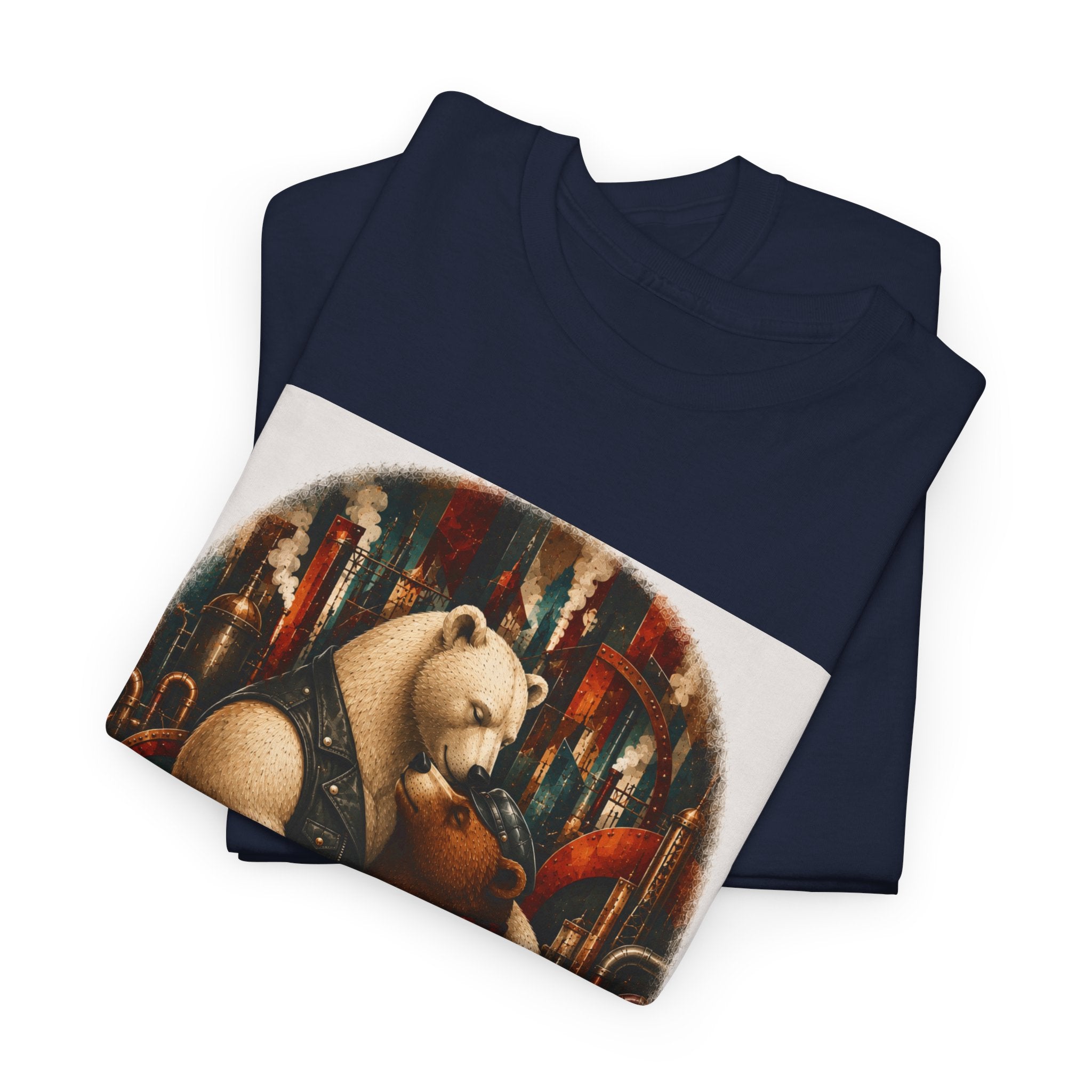Bear Musician T‑Shirt — Vintage Stylized Bear Playing Violin Art Tee. An image of two Bears in a loving embrace. Colorful steampunk background. Mod.