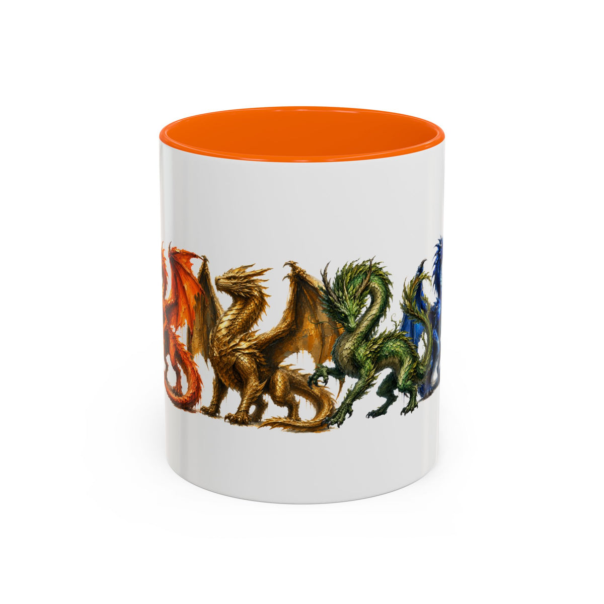 Rainbow Dragon Lineup Accent Coffee Mug — Colorful Fantasy Creature Tea & Coffee Cup