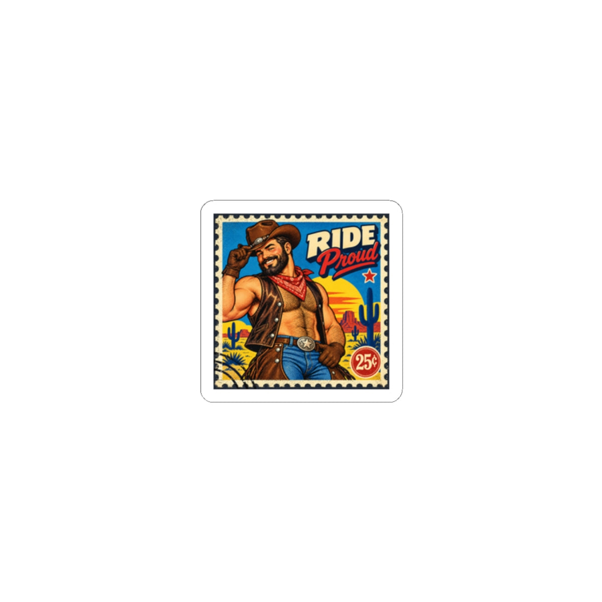 Cowboy Ride Proud Kiss-Cut Sticker — Retro Western Motorcycle Design