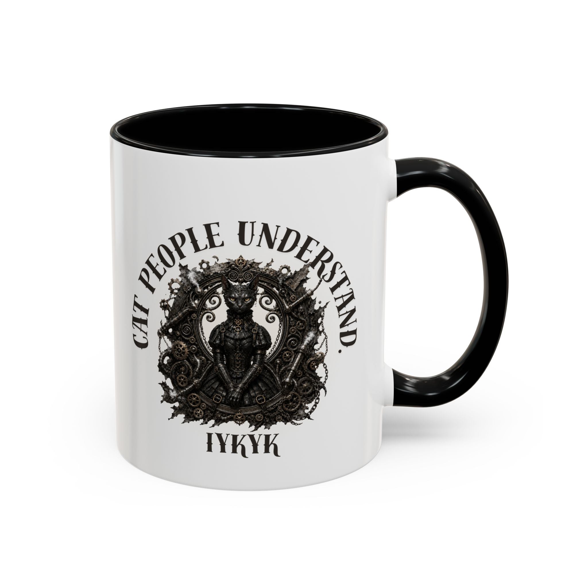 Cat People Understand Accent Mug — 'IYKYK' Black-Trim Coffee Cup. Cat lovers. Cat people. Cat mug.