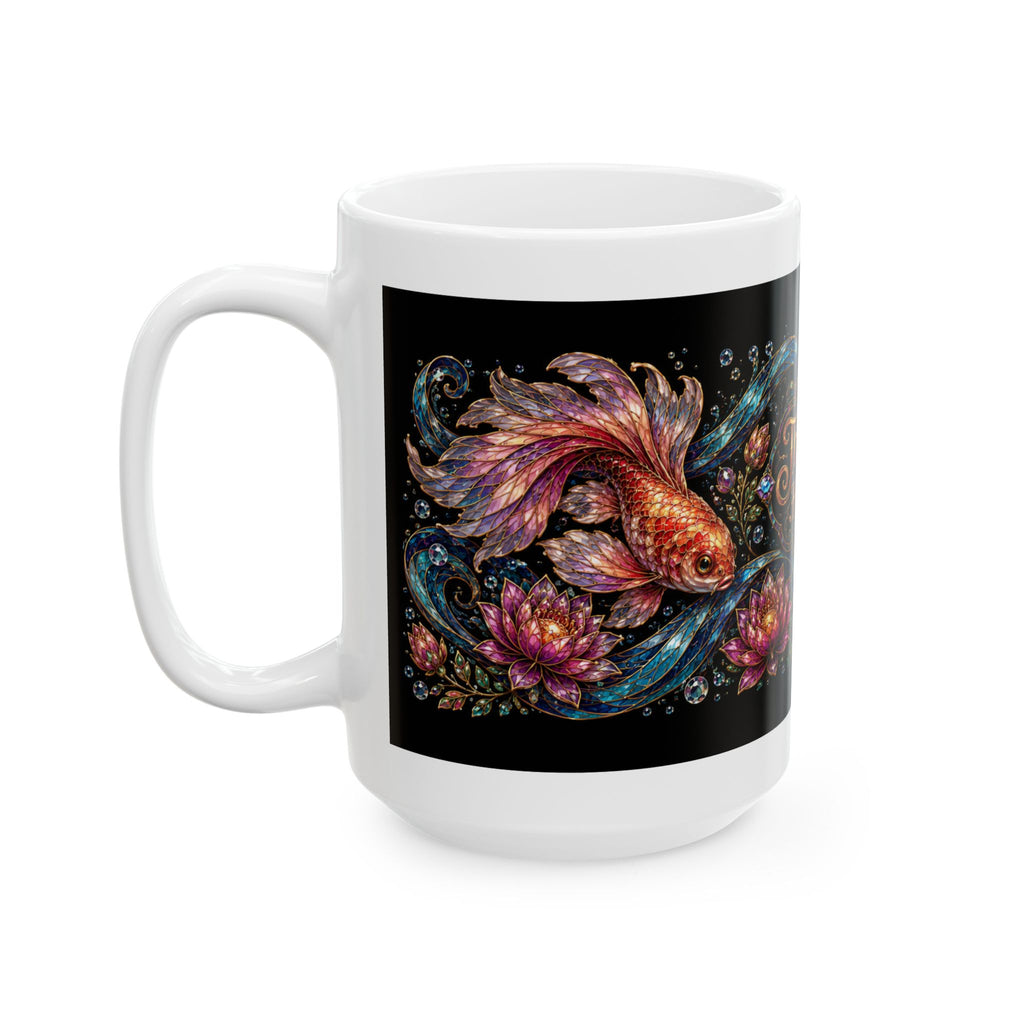 My Therapist Has Fins Ceramic Mug — Colorful Koi Fish Coffee Cup (11oz & 15oz)