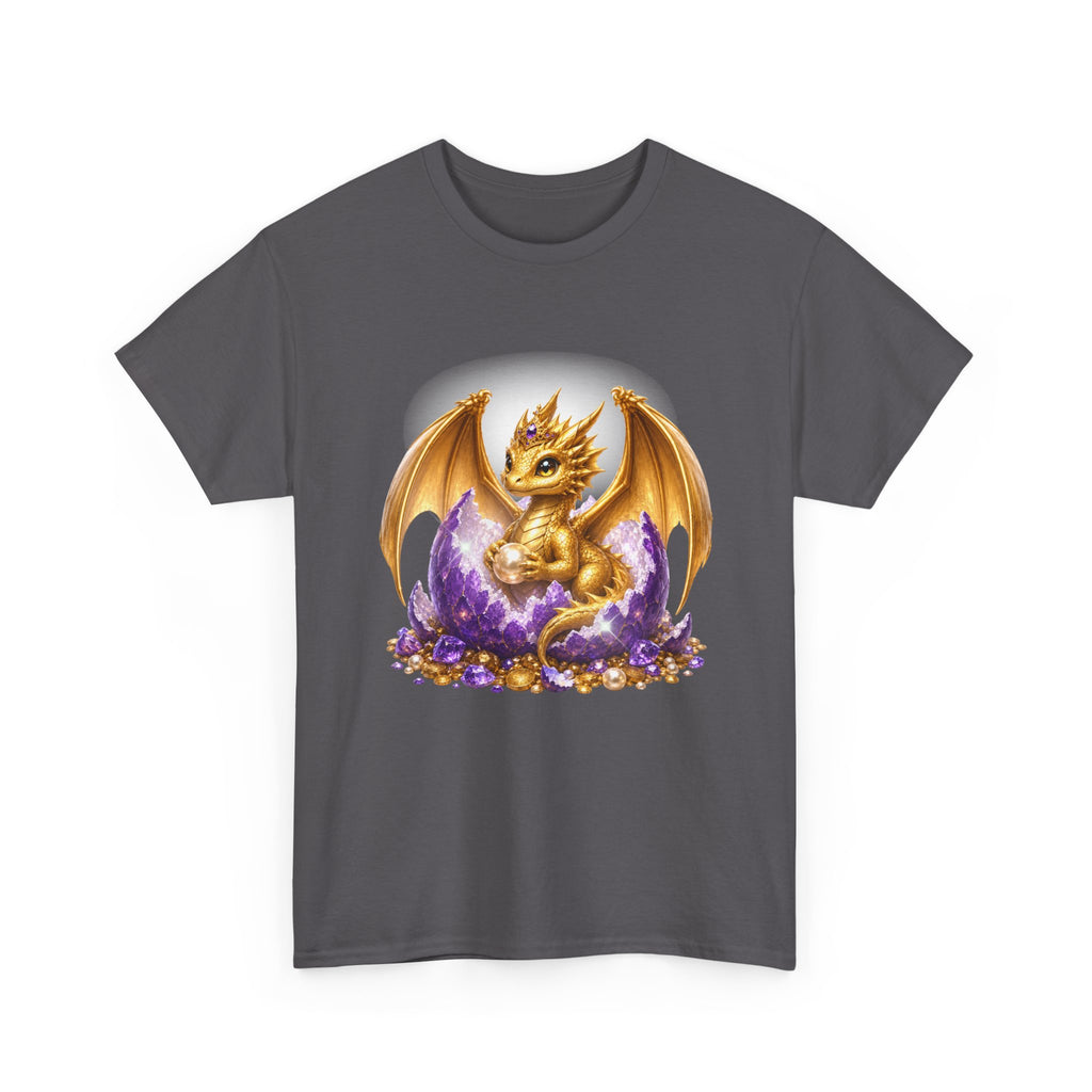 Golden Baby Dragon Tee — Cute Fantasy Dragon Shirt with Purple Egg