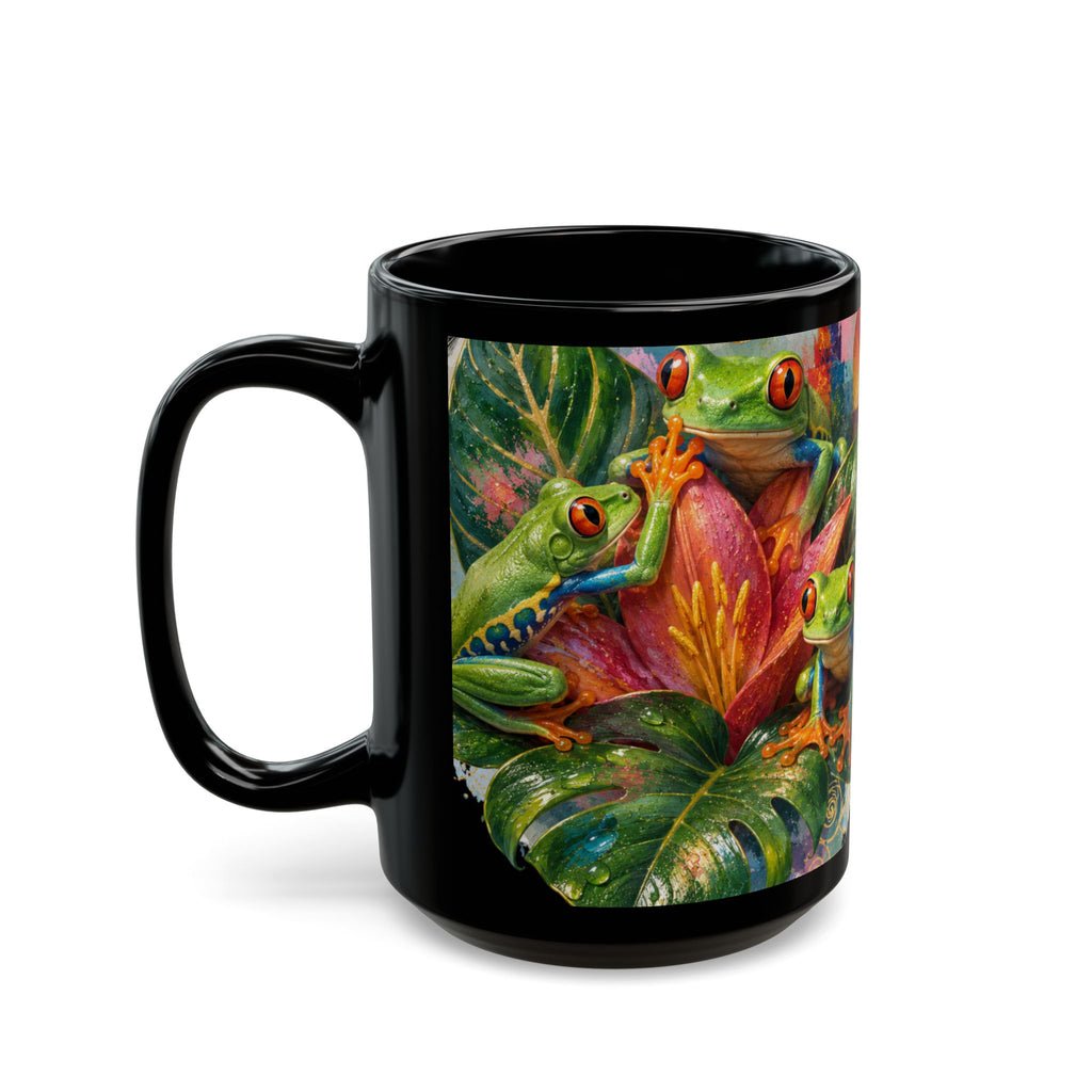 Colorful Tree Frog Coffee Mug — Tropical Floral Black Ceramic (11oz/15oz)