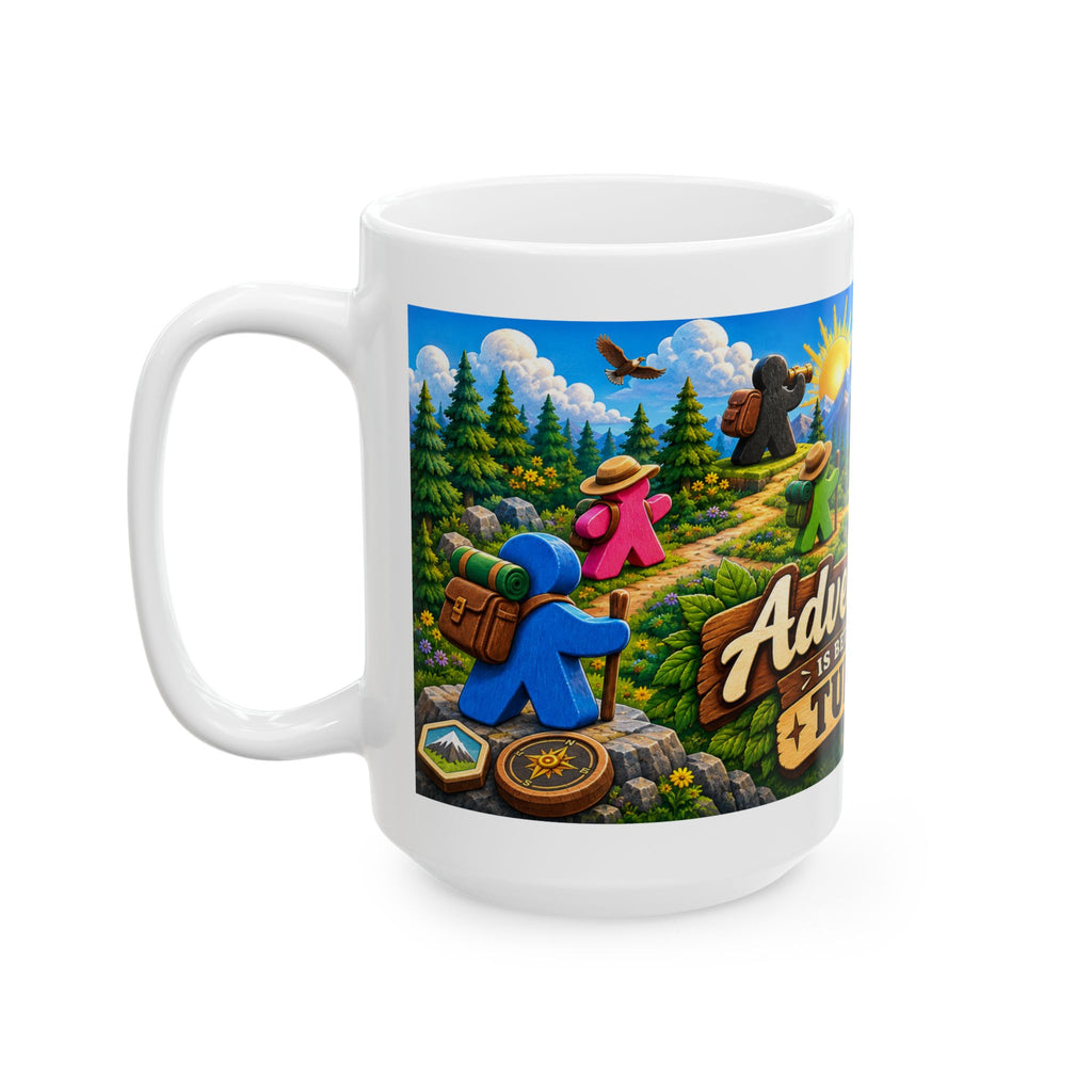 Adventure Is Better in Turns Ceramic Mug — Board Game Meeple Travel Design (11oz/15oz)