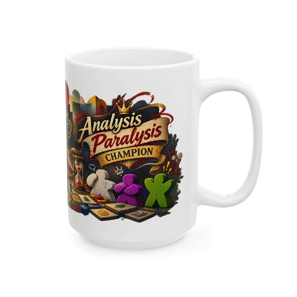 Board Game Art Ceramic Mug - Colorful Meeples, Dice & Strategy Scene (11oz/15oz)