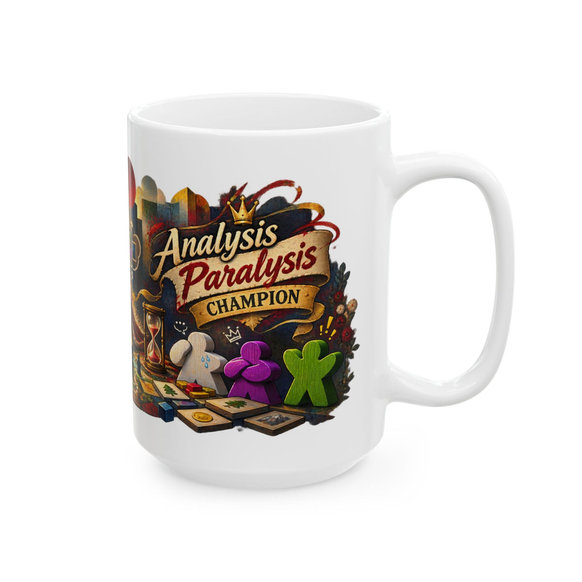 Board Game Art Ceramic Mug - Colorful Meeples, Dice & Strategy Scene (11oz/15oz)