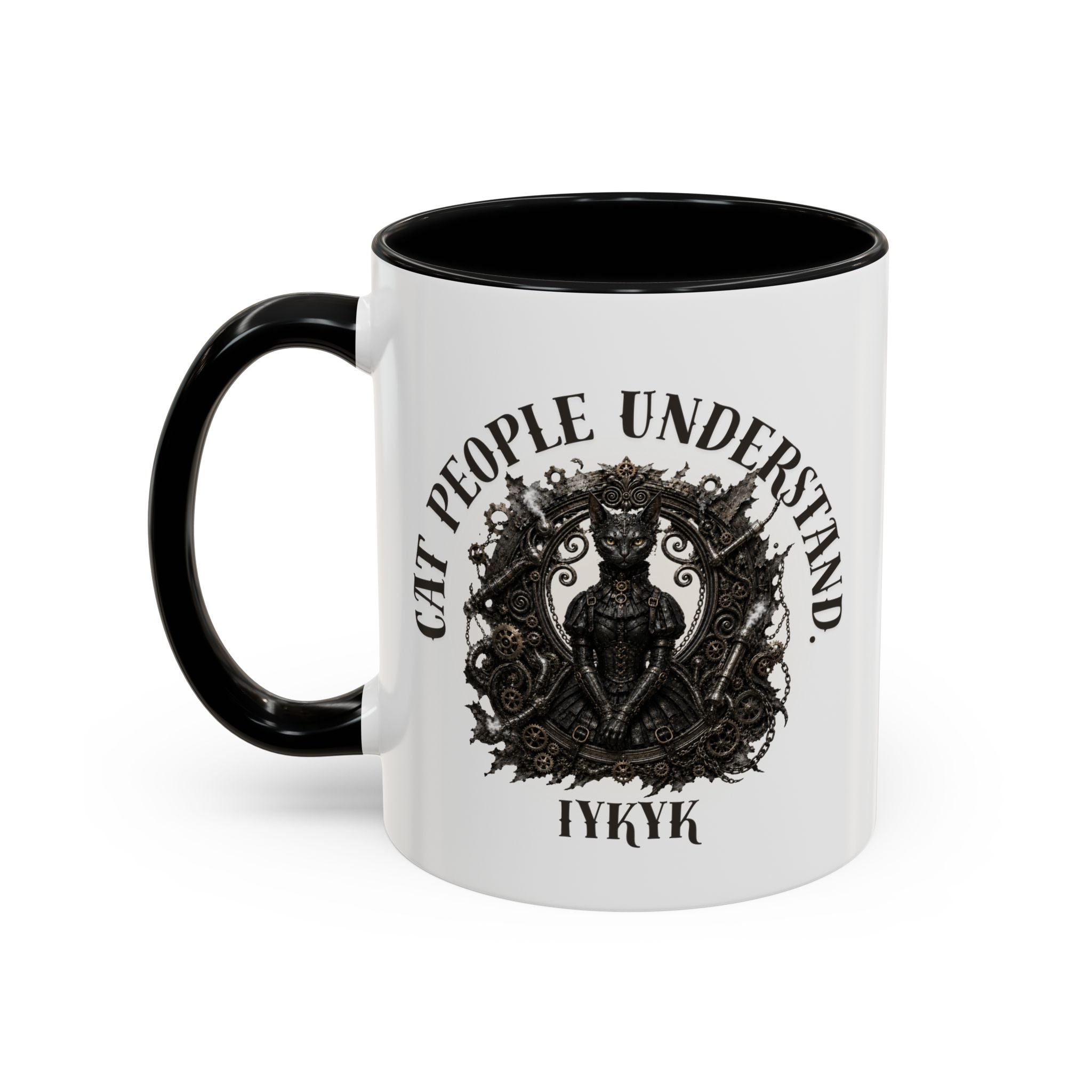 Cat People Understand Accent Mug — 'IYKYK' Black-Trim Coffee Cup. Cat lovers. Cat people. Cat mug.