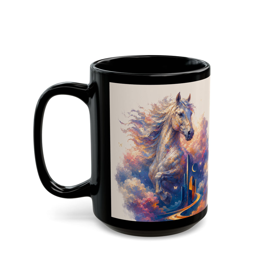 Magical Horse Nightscape Black Mug (11oz & 15oz) — Fantasy Unicorn-Like Horse Coffee Cup