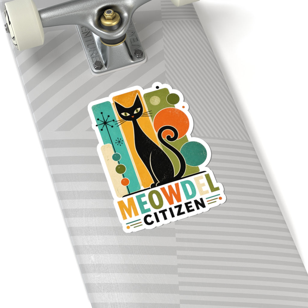 Retro Black Cat Sticker — "Meowdel Citizen" Kiss-Cut Decal