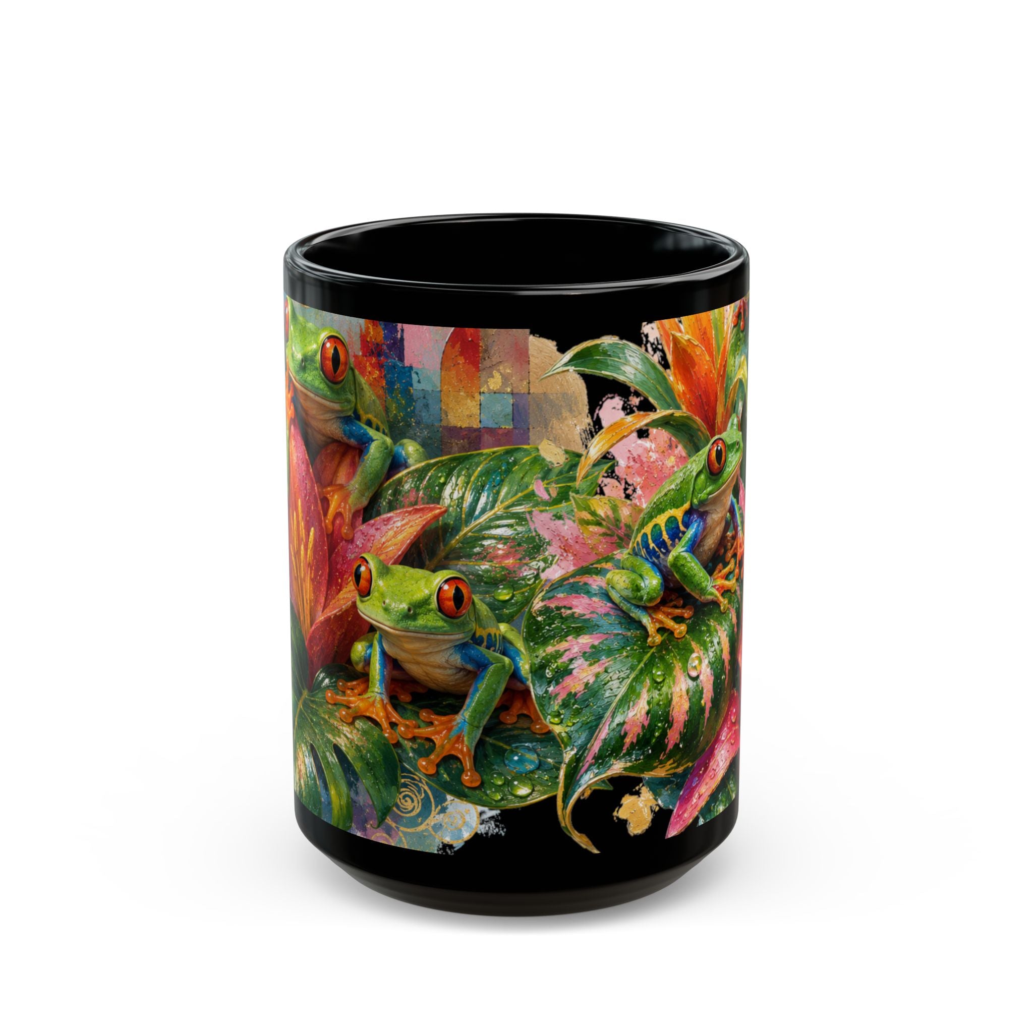 Colorful Tree Frog Coffee Mug — Tropical Floral Black Ceramic (11oz/15oz)