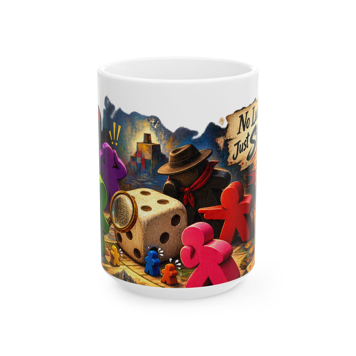 Board Game Adventure Ceramic Mug — Colorful Meeples, Dice & 'Not All Who Wander' Art (11oz/15oz)