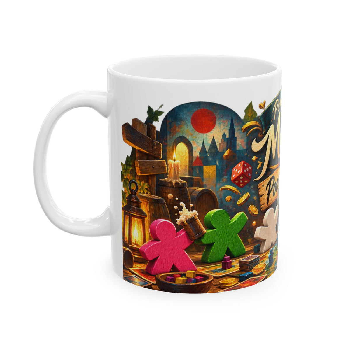 Powered by Meeples & Poor Decisions Ceramic Mug — Board Game Coffee Cup (11oz, 15oz)
