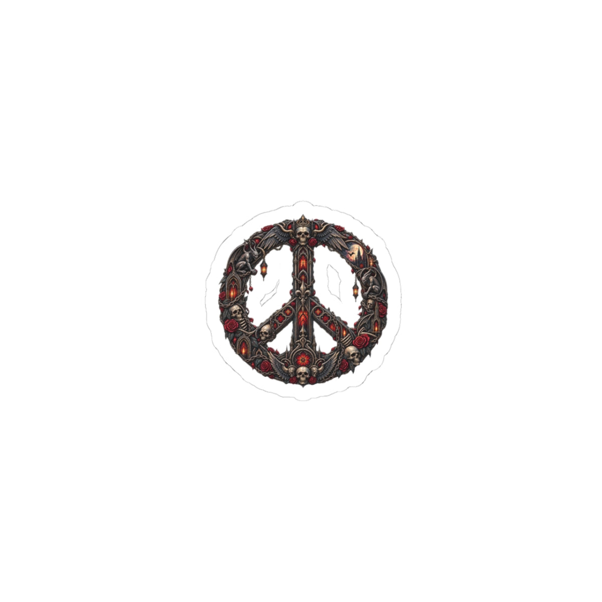 Skull & Rose Peace Sign Sticker — Gothic Kiss-Cut Laptop Decal