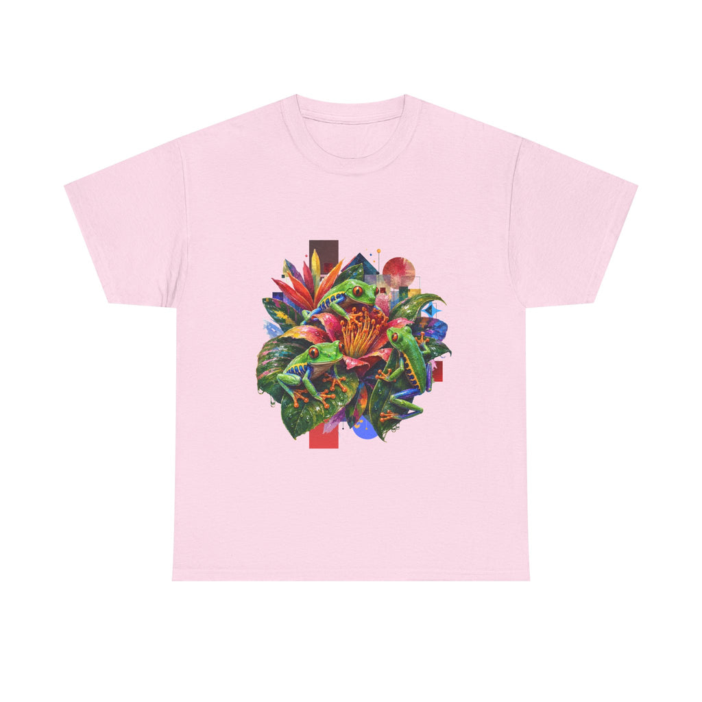T-Shirt — Tropical Floral Collage Tee. Frog tee, Tree Frogs in Foliage. Eco-friendly reminder.