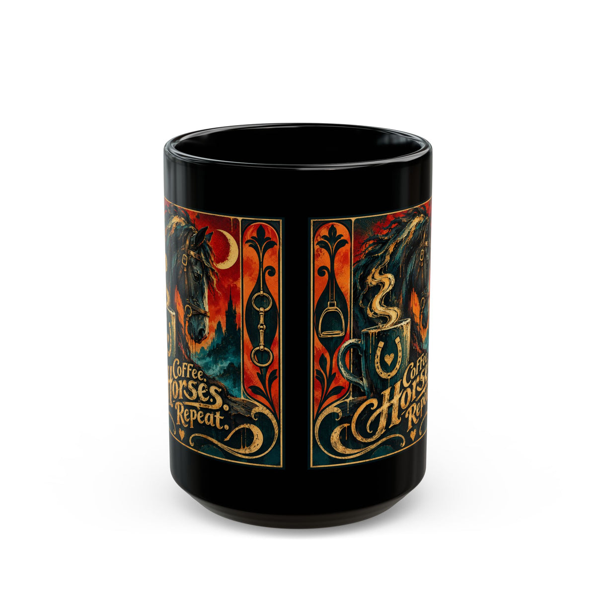 Coffee Horses Repeat Mug — Vintage Gothic Horse & Coffee Art (Black 11oz/15oz)