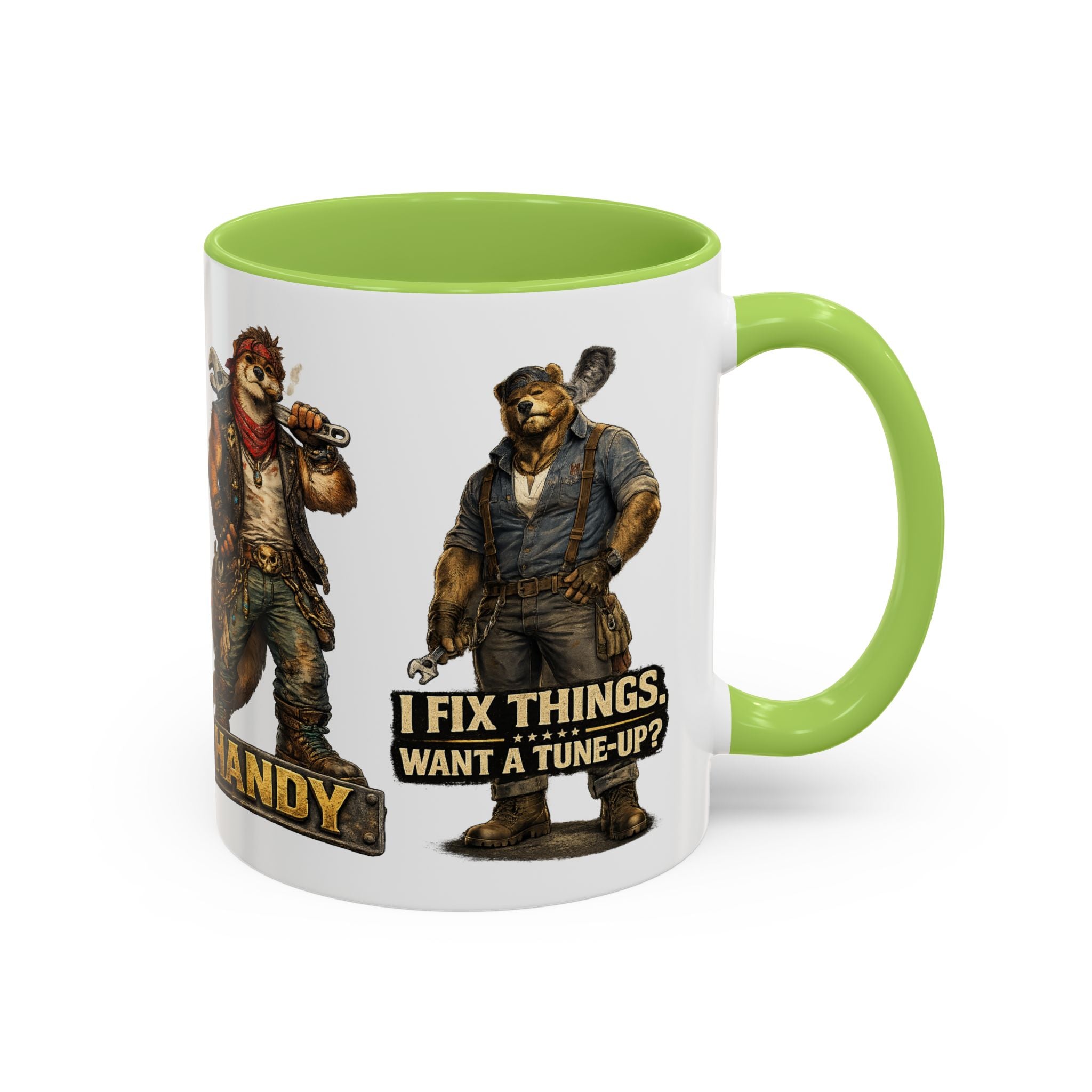 Handy Bear Mechanics Coffee Mug — "I Fix Things, Want a Tune-Up?" Accent Ceramic Mug