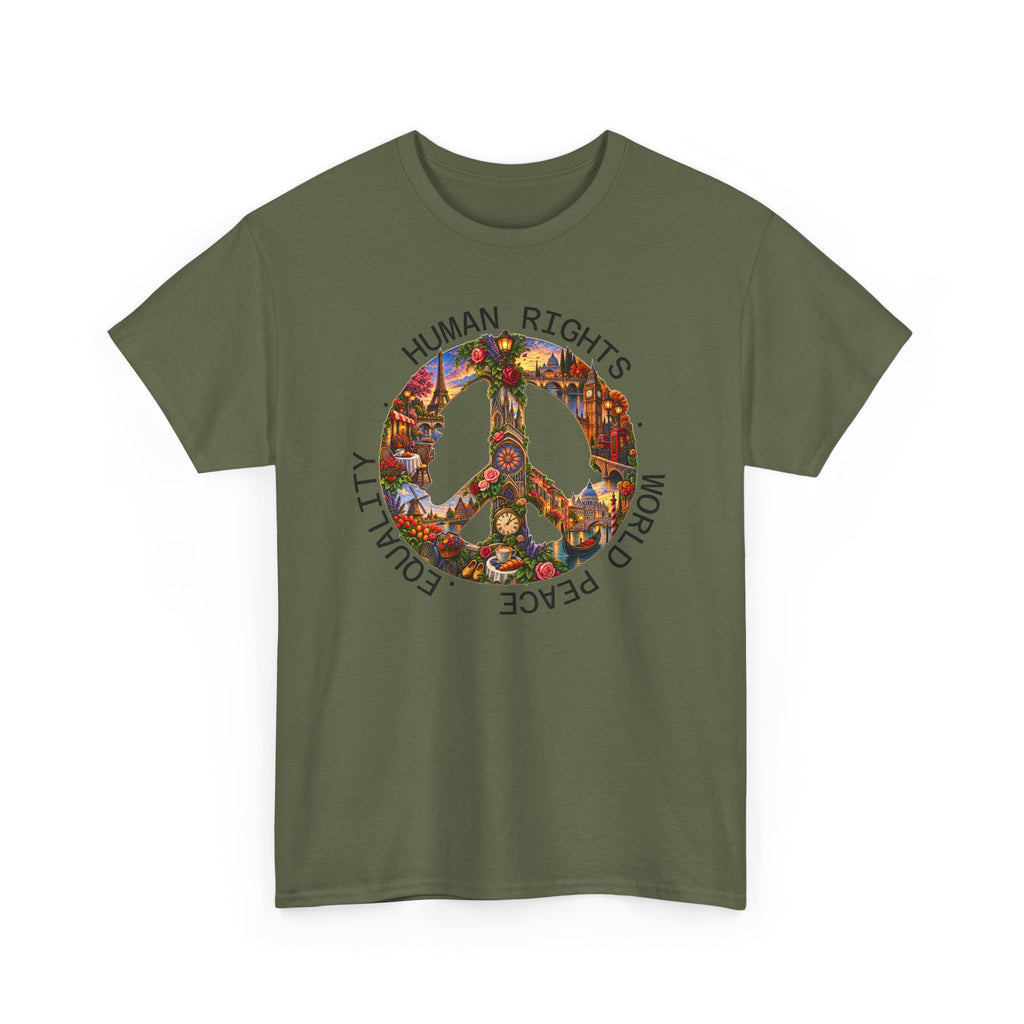 Peace Flower Graphic Tee — "World Peace • Human Rights • Equality" Cotton T‑Shirt