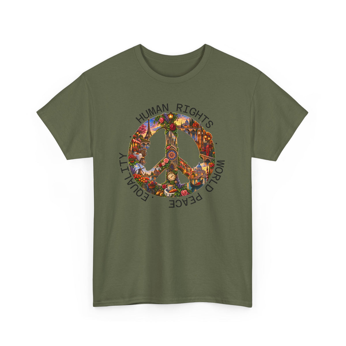 Peace Flower Graphic Tee — "World Peace • Human Rights • Equality" Cotton T‑Shirt