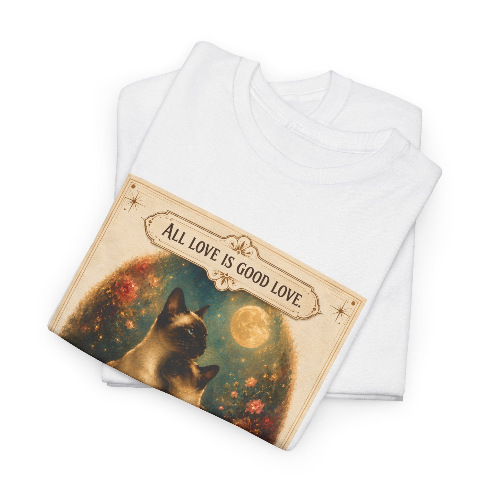 Cat Love Vintage Poster T-Shirt — "All Love Is Good Love" Graphic Tee. Siamese cats in love.