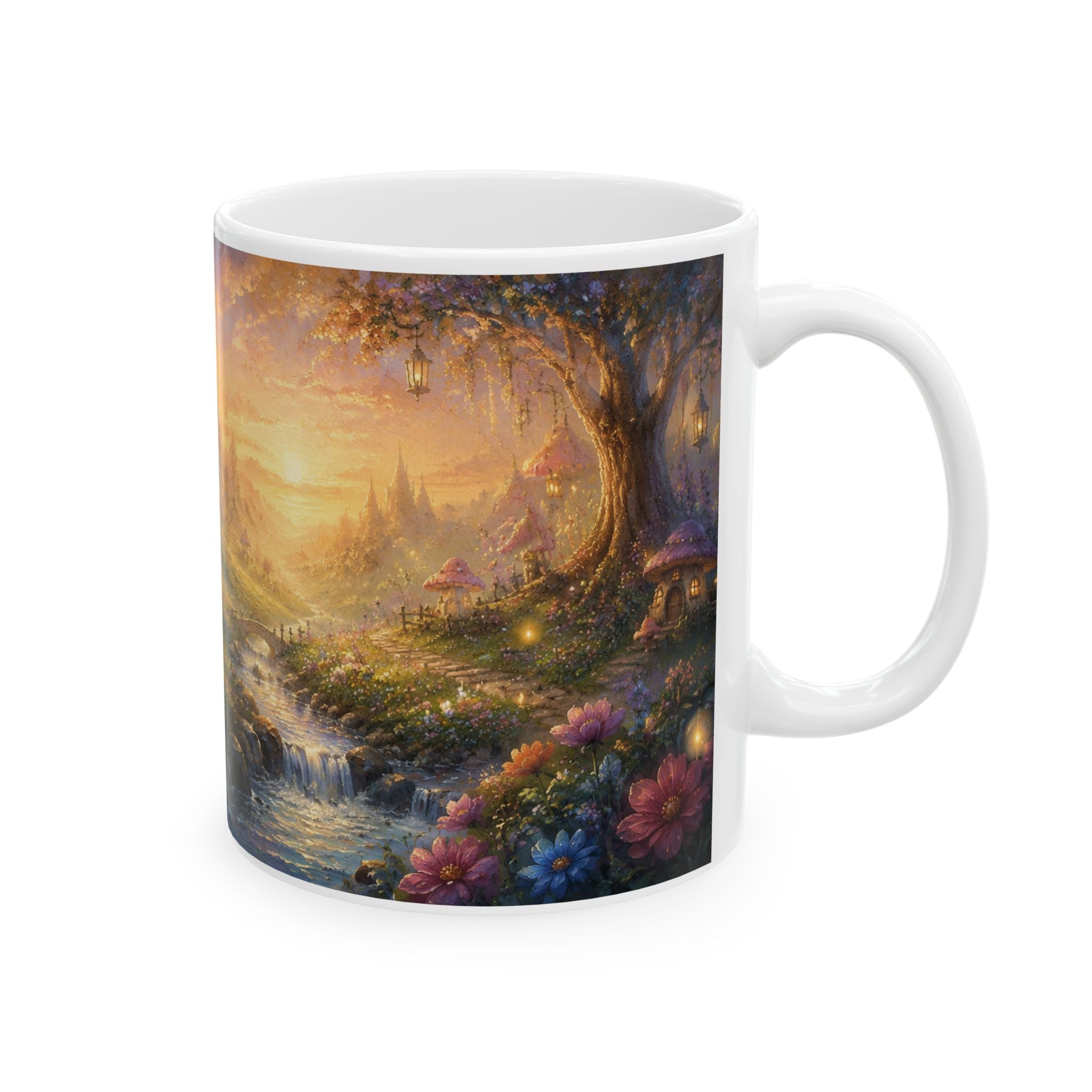 Fantasy Fairyland Ceramic Mug — Enchanted Sunrise Woodland Scene (11oz & 15oz)