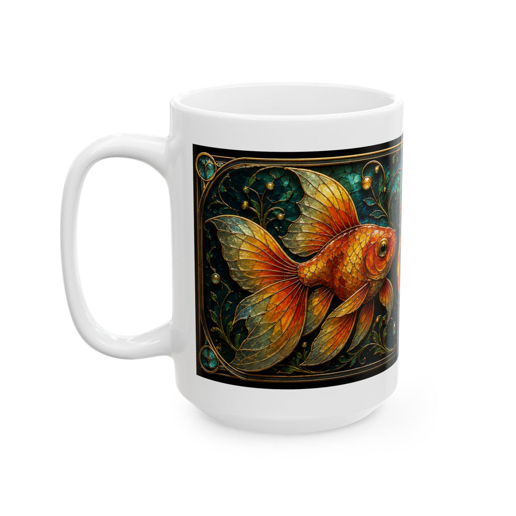 Powered by Gold Ceramic Mug — Fantasy Goldfish Art Coffee Cup (11oz & 15oz)