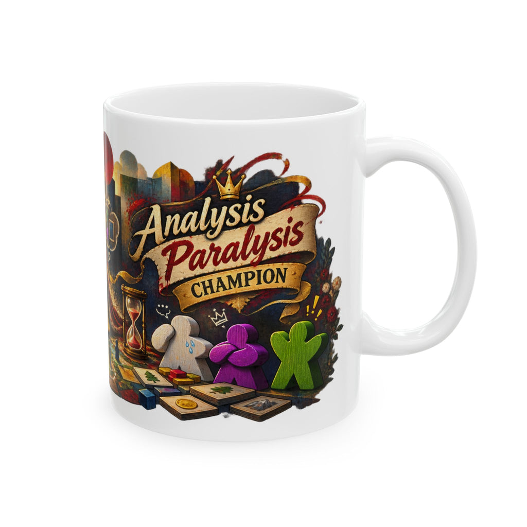 Board Game Art Ceramic Mug - Colorful Meeples, Dice & Strategy Scene (11oz/15oz)
