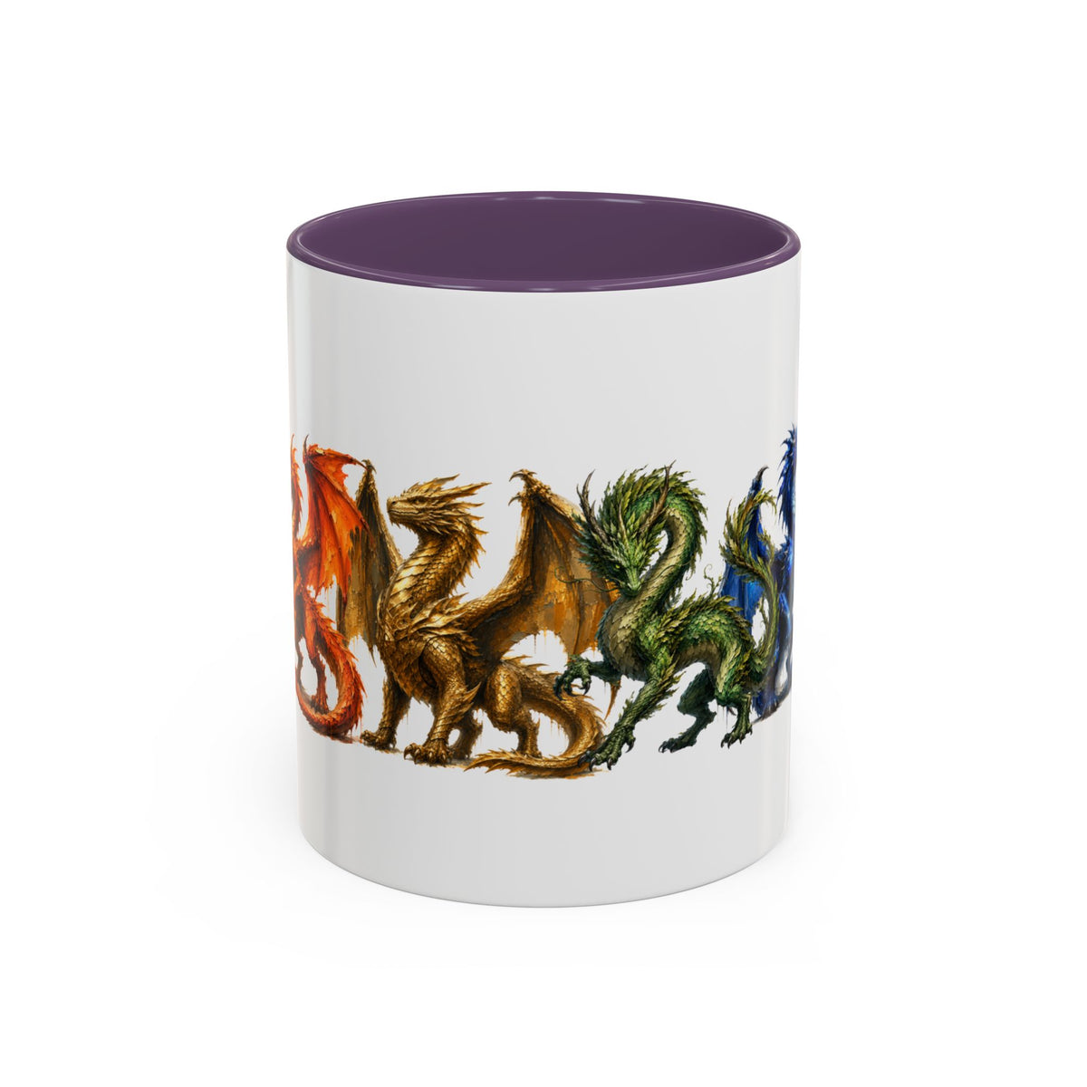 Rainbow Dragon Lineup Accent Coffee Mug — Colorful Fantasy Creature Tea & Coffee Cup