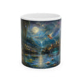 Fantasy Nightscape Ceramic Mug — Moonlit Lake, Hummingbird & Enchanted Garden (11oz/15oz)