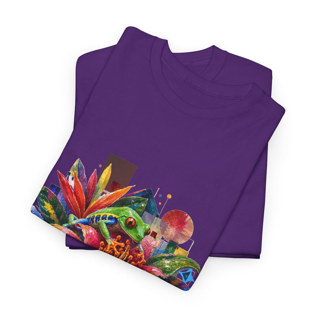 T-Shirt — Tropical Floral Collage Tee. Frog tee, Tree Frogs in Foliage. Eco-friendly reminder.