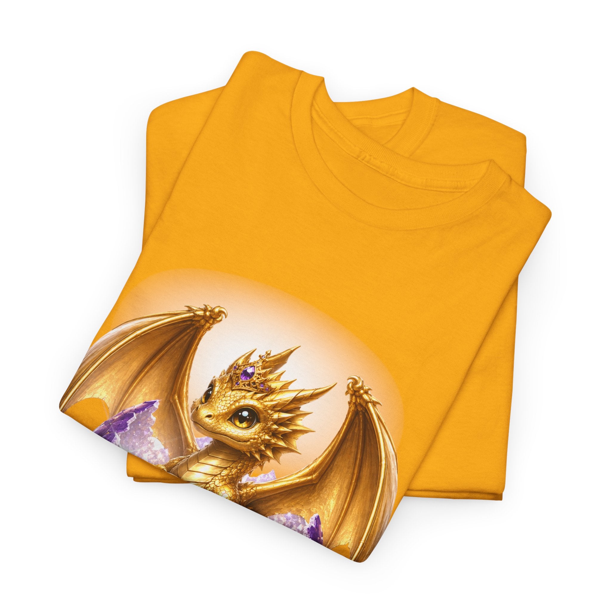 Golden Baby Dragon Tee — Cute Fantasy Dragon Shirt with Purple Egg