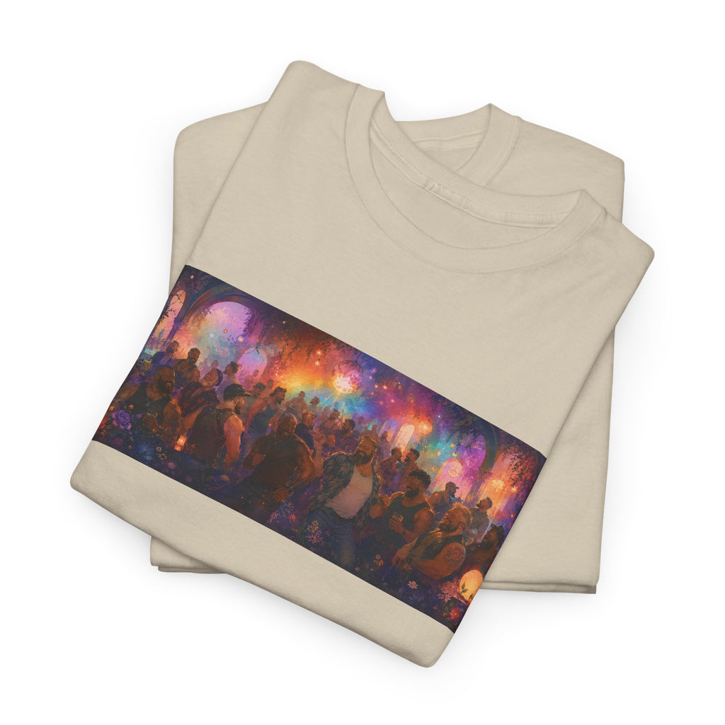 Festival Crowd Sunset Bear Party Graphic Tee. Bears dancing the night away.