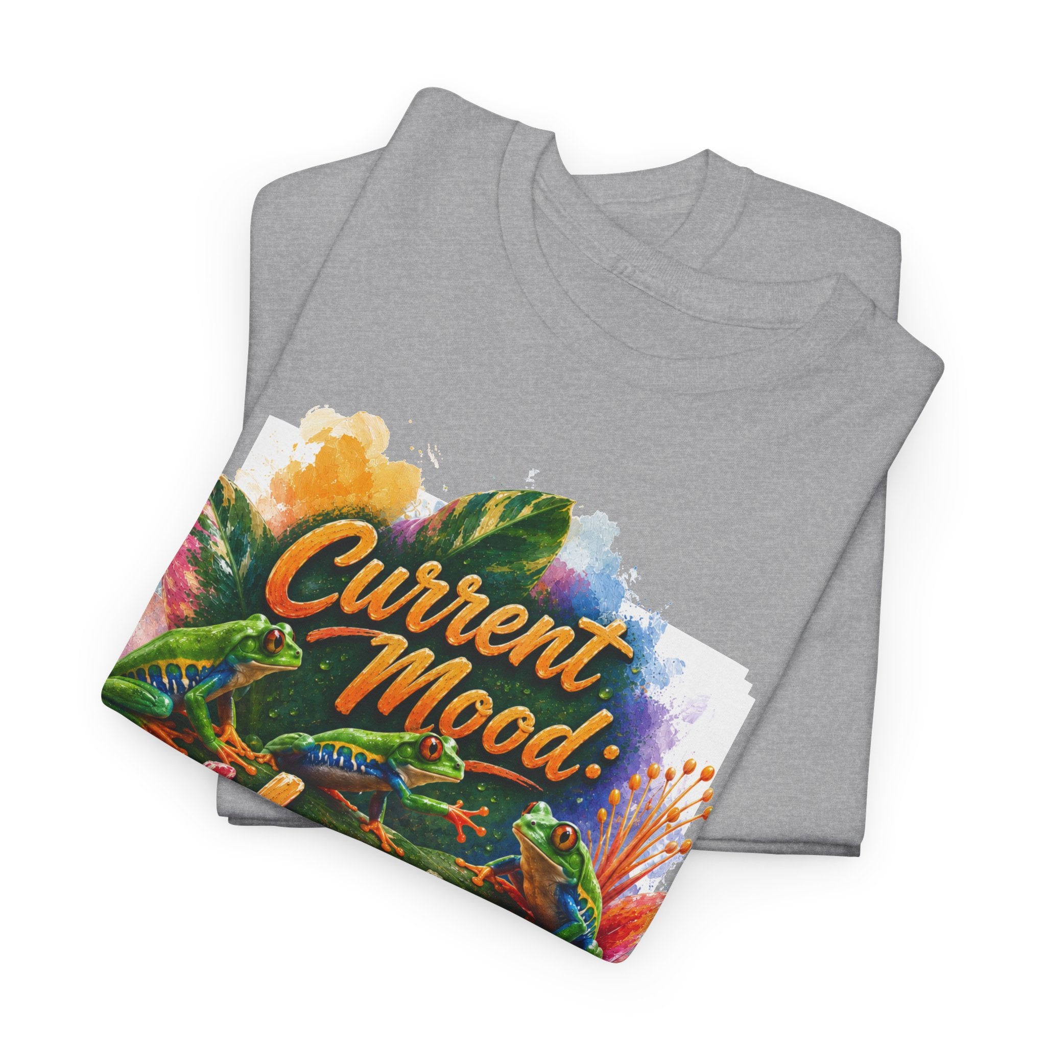 T‑Shirt — "Current Mood: Hoppy" Colorful Frog Graphic Tee. Tree Frogs eco-friendly awareness.
