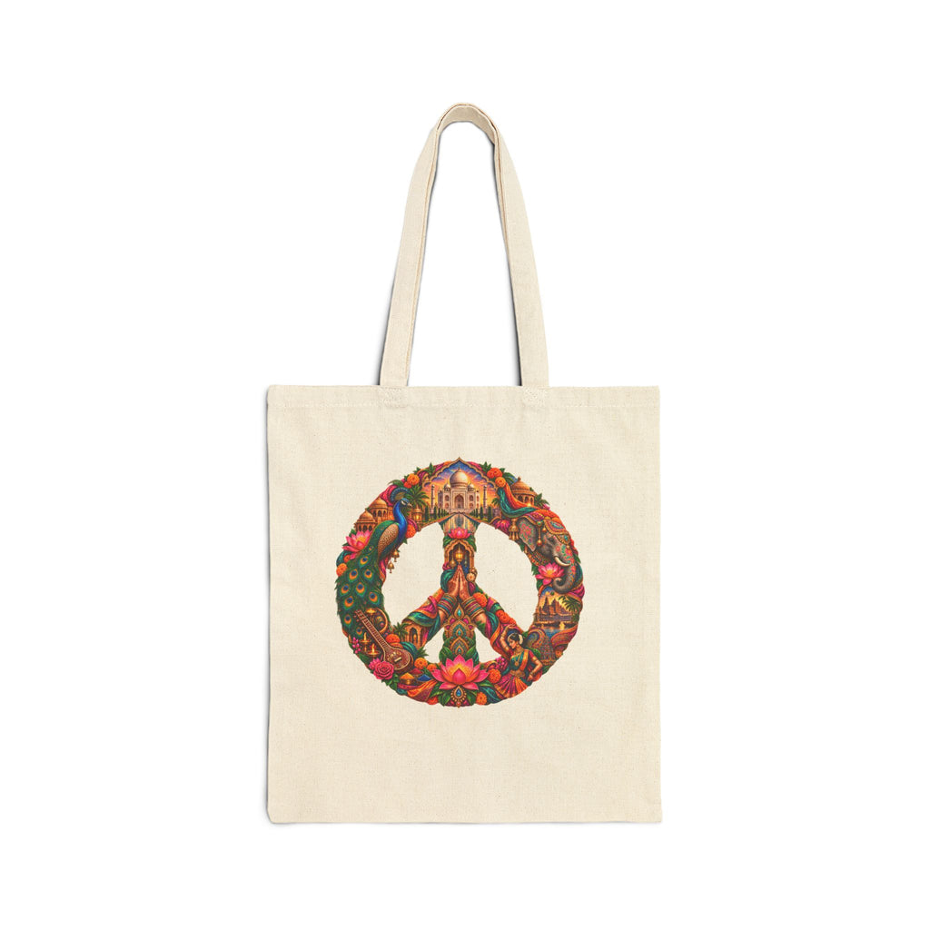 Peace Symbol Floral Canvas Tote — Boho Hippie Eco Market Bag