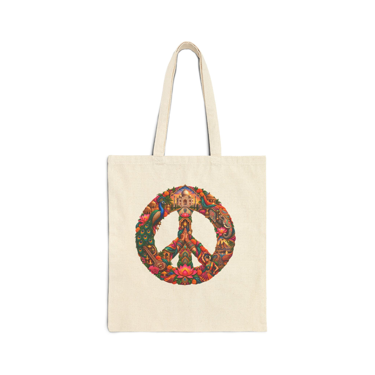 Peace Symbol Floral Canvas Tote — Boho Hippie Eco Market Bag