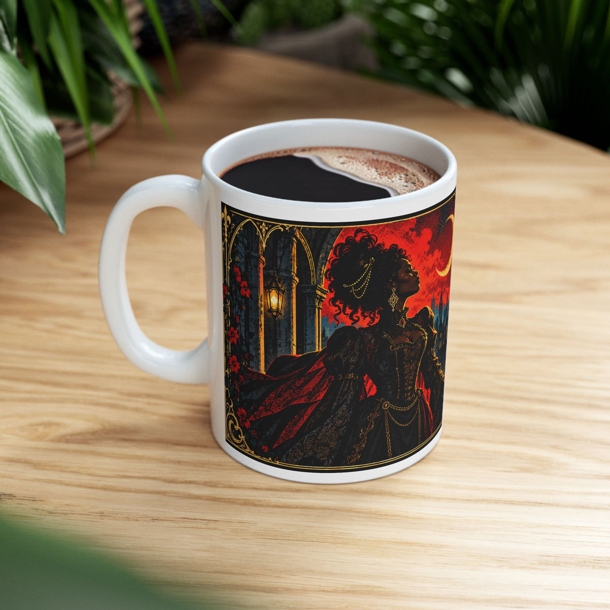 Gothic Cityscape Ceramic Mug — 'Unsinkable, Unapologetic, Unstoppable' Rooted in Greatness Afrocentric Empowerment Mug. Dark Fantasy Coffee Cup