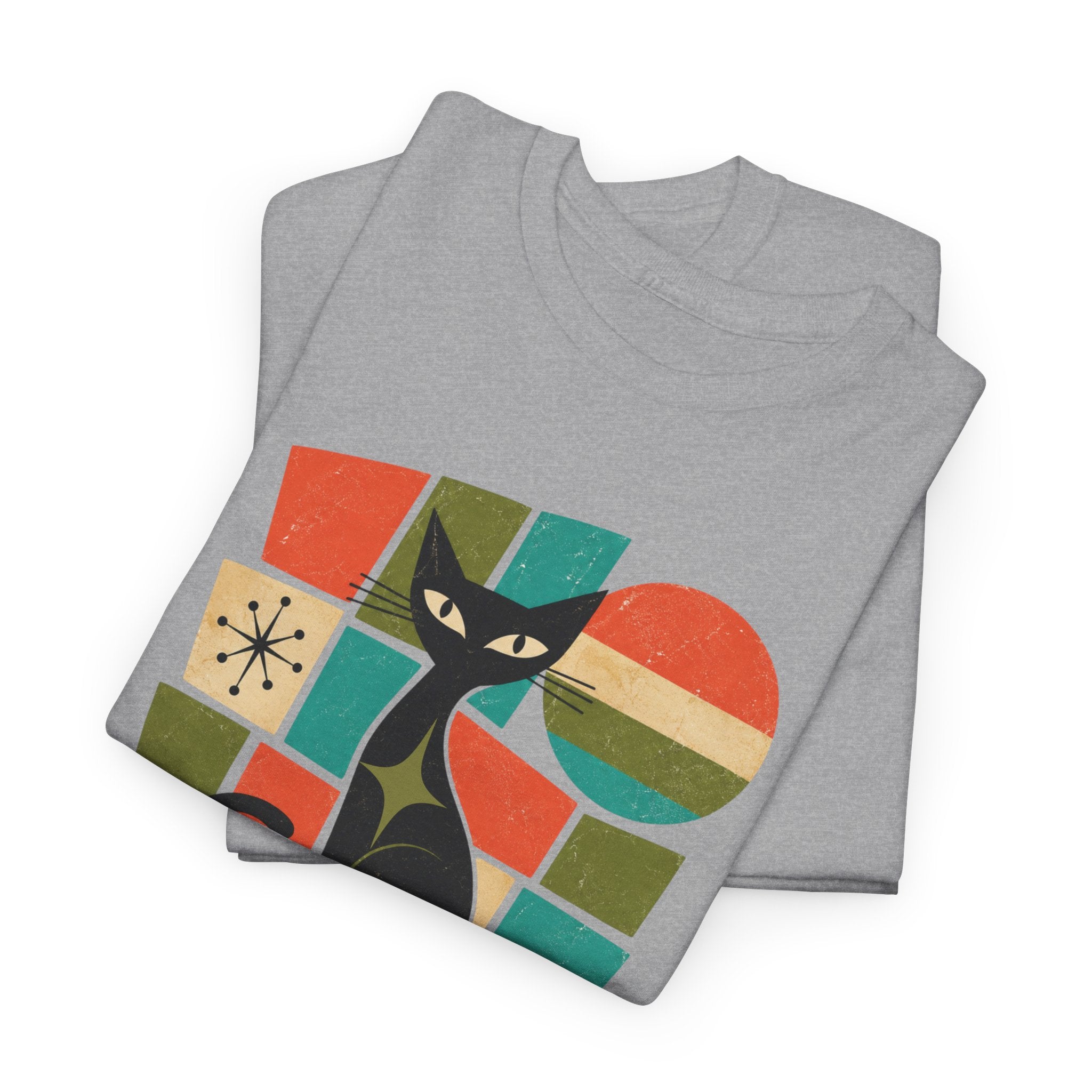 Stay Pawsitive Cat T-Shirt — Retro Graphic Tee for Cat Lovers. Tangentsies Mod Cat t-shirt