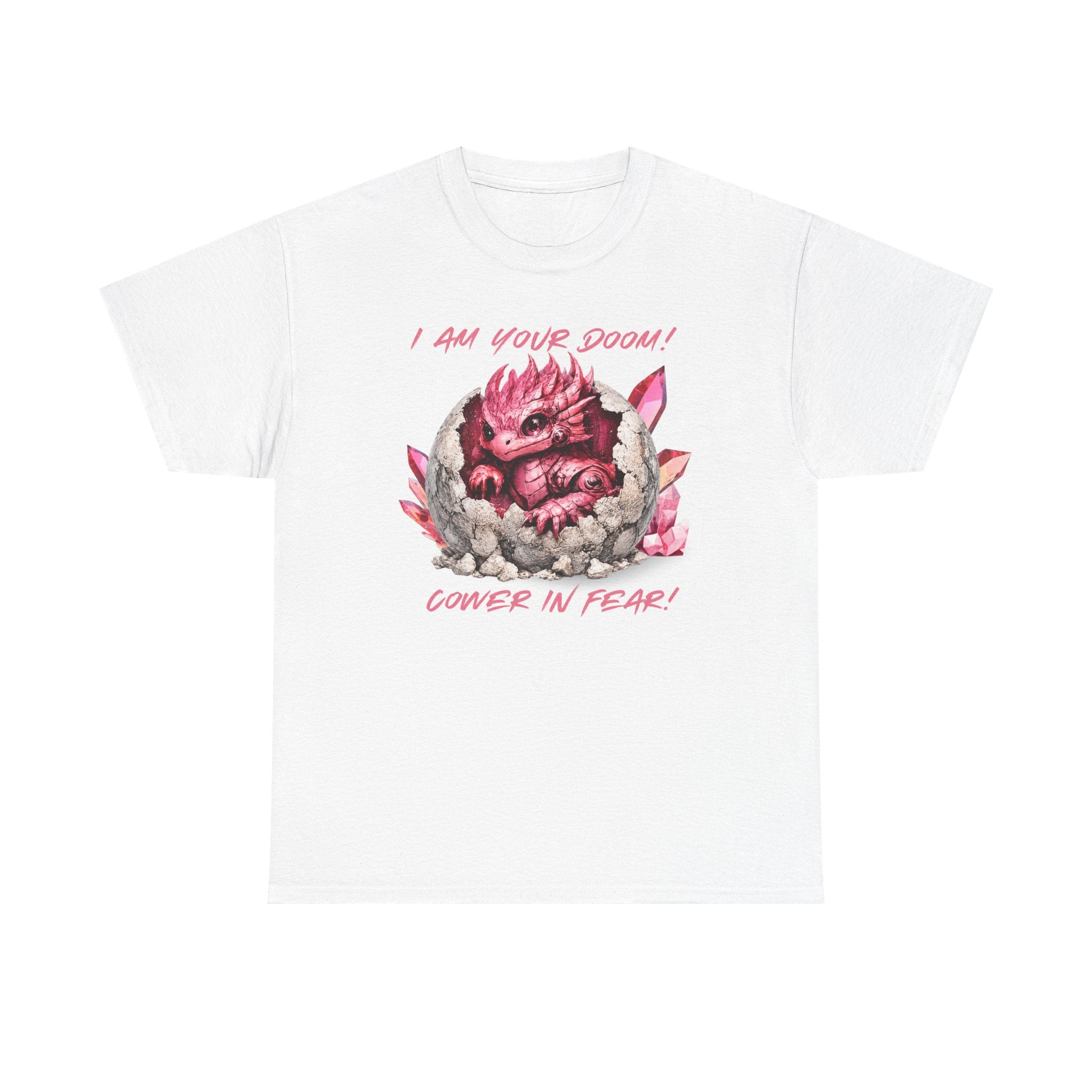 Cute Monster Tee — "I Am Your Doom! Cower in Fear!" Pink Hatchling Graphic Shirt